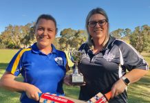 Finals fever Harcourt’s Tammy Simmins and Barkers Creek’s Jo Martin with the CDCA Women’s premiership cup.