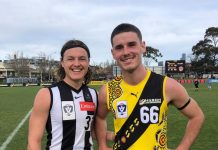 Magpie to make debut Magpie Jack Ginnivan recently lined up against mate and fellow VFL player Bailey Henderson.