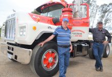 Big rigs roll in… Former driver Don Finning and Ian McClure are pictured with the newly restored Mack R Model which will feature in Sunday's Truck Show.
