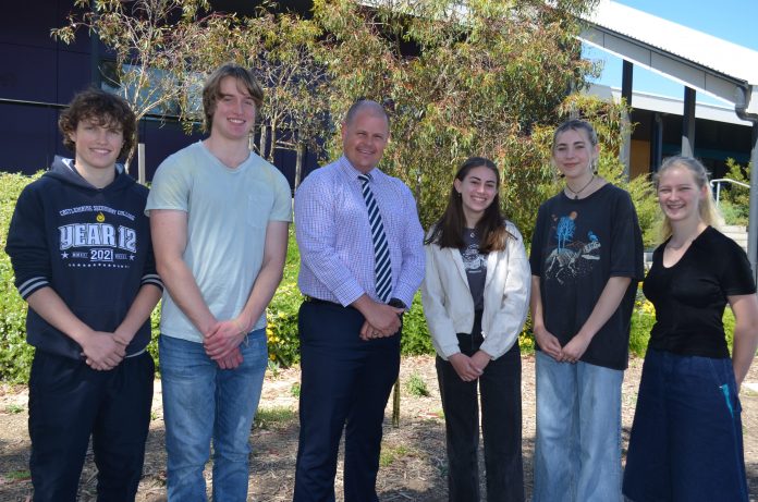 Castlemaine Secondary College dux Koby Smith and fellow high achievers Oscar Dutton, Chloe Cue, Lucia Carolan and Beatrix Dimsey are pictured with Acting Principal Simon Wood (centre).