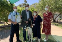A new leash on life Tarrengower Prison GAP program supervisor Will Dodson, Greyhound Racing Victoria CEO Alan Clayton, Minister for Corrections Natalie Hutchins and Bendigo West MP Maree Edwards are pictured at Monday's milestone celebration.