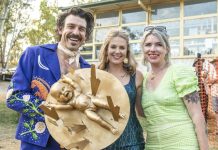 Castlemaine talent shines at IDYLL 2022 2022 Idyll winners Hot Vagrants are pictured with judge Clementine Ford and their trophy. Photo: Diana Domonkos.