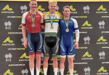 National bronze for Jade! Castlemaine's Jade Maddern (right) is pictured on the podium with Queensland's Byron Davies and Tasmania's Josh Duffy on Wednesday, following his Elite Men's 1km Time Trial bronze medal success.