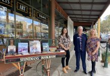 Conference coup for Castlemaine Mainstreet Australia president Georgina Pikoulas, Mount Alexander Shire Council's manager of economy and culture Merryn Tinkler and Business Mount Alexander treasurer Jacqueline Brodie-Hanns are pictured outside Castlemaine's iconic Stoneman's Bookroom.