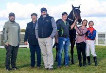 Maldon stables create history with rare ‘treble’ Maldon magic: Pictured with four-year-old San Marino after his win at Donald are (from left) – co-owners Michael Young, Gordon Gray, Russell Healy, trainer Ashley McKnight, strapper Tara Simpson and jockey Christine Puls. Photo: Brendan McCarthy/Racing Photos.