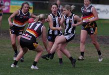 Footy finals return to the Camp Reserve this Sunday The Castlemaine Women's Football team gave their all against Bendigo Thunder at the Camp last Sunday. Photo: Max Lesser.