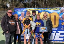 Incredible 500 game milestone for Harcourt Lions legend Suzie Rinaldi Harcourt netballer Suzie Rinaldi is proudly pictured with her husband Eddy Rinaldi, mum Carol Thompson, grandson Hudson and children Beauden, Maycee and Jessie with her 500th Game banner last Saturday.