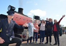 ‘All that Steams’ to celebrate 160th anniversary of railway Castlemaine Historical Society member Mark Genge gets into the spirit of the 'All That Steams' fundraiser donning traditional conductor dress and wielding an original lantern used on the local railway with fellow members Margaret Seedsman, Carol Dorman, Jenny Davies, Barry Dunn and Ruth Giddings. Photo: Lisa Dennis
