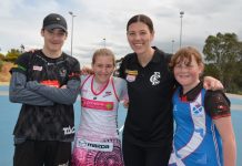 Netball clinic assists local netballers to hone their skills Clinic participants Campbells Creek 11 & Under coach Caleb Mountford, Campbells Creek netballer and CDNA squad member Bella Pratt and Maldon FNC 13 & Under netballer Holly Williams are pictured with Magpie co-coach Fiona Fowler wearing some of her representative apparel from the Collingwood Magpies, Adelaide Thunderbirds and Scotland teams.