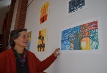 ‘Renewal’ raising funds for climate Central Victorian artist Helen Seligman is pictured hanging her exhibition 'Renewal' in the Phee Broadway Theatre/Library foyer.