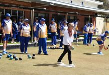 Harcourt bowlers celebrate season opening Bendigo West MP Maree Edwards bowls the first bowl of the season.