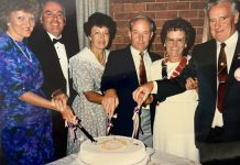Lions Club to celebrate 50 years Charter Members David Blake, Brian Bannerman and Cliff Sheehan and their partners and Lions Ladies Helen Blake, Norma Bannerman and Joy Sheehan cut the Lions 20th Anniversary Cake.