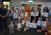 Our Castlemaine Mail/ Don Newshounds celebrated Don KR Castlemaine Salami, Smallgoods & Snacking General Manager David Harris and Elliott Newshound are pictured with representatives from local schools with their awards at Saturday's event.