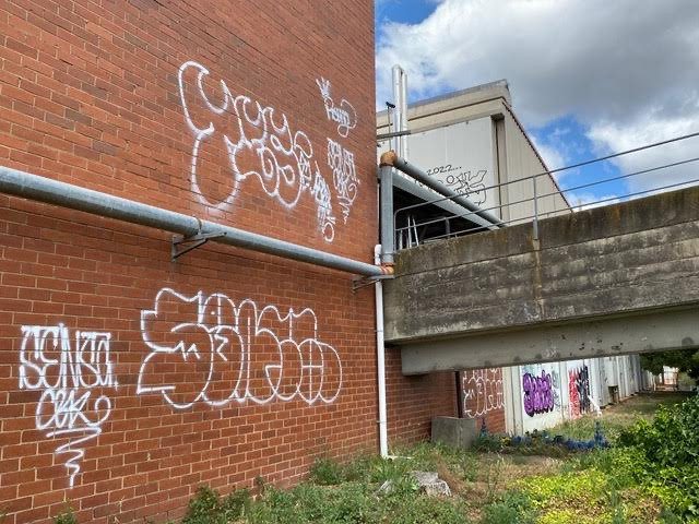The Don KR factory building in Walker Street was the target of graffiti in late 2022. Photo: Bill Wiglesworth.