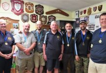 Castlemaine Rifle Club stalwart honoured Medal winners on the day were (L-R) Richard Ruddick, Mick Goritchan, Max Elson, Greg Brown, Jamie Griffin and James Dolphin. The winners are pictured with Stan Smith (centre).