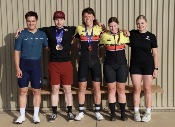 Castlemaine Cycling Club members Zaren Fong-Sutton, Jade Madden, Bryce Nicholls, Hope Harnetty and Leshae Madden are proudly pictured after their state titles success.