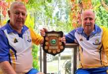 Drawn and mixed pairs champs decided at Harcourt Gough Drawn Pairs winners John Grant and Barry Marsh are proudly pictured with the shield.