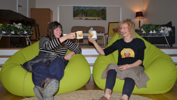 Volunteers Sophia and Rose celebrate the possibility of Castlemaine Safe Space finding a permanent home. Sophia (L) says she finds volunteering for CSS mutually rewarding. Rose (R) 