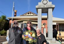 Welcome news for RSL Castlemaine RSL president John Whiddon, mayor Rosie Annear and Castlemaine RSL secretary Barb Templar are pictured at Tuesday's service.