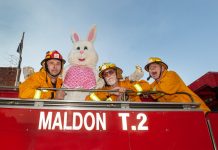 Easter fun at Maldon! Getting ready for the Easter Festivities at the Maldon Fire Brigade. L-R: Captain Sean McCubbin, Easter Bunny (aka David Bowman), Lieutenant Bruce Clements, and firefighter Paul Metz. Photo courtesy Julie Hough.