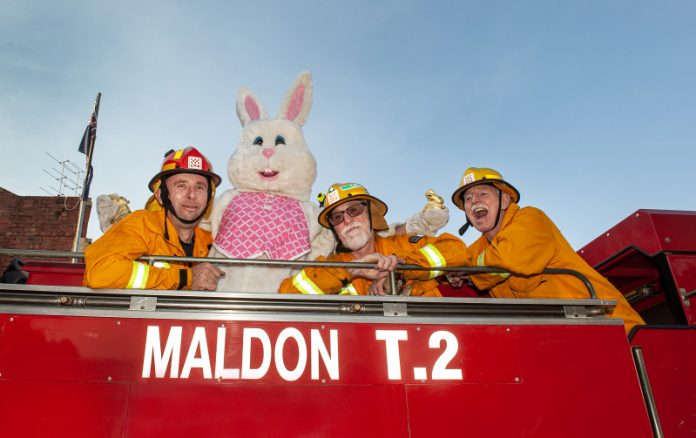 Getting ready for the Easter Festivities at the Maldon Fire Brigade. L-R: Captain Sean McCubbin, Easter Bunny (aka David Bowman), Lieutenant Bruce Clements, and firefighter Paul Metz. Photo courtesy Julie Hough.