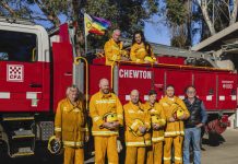 Chewton CFA flies the flag for inclusion Chewton CFA is flying the Progress Pride flag. L-R: (top) Bill Quirk, Jenna Tuke, (bottom) Barry Mounsey, James Godwin, Adam Ford, Jesse Boylan, Lil Waters, Astro and Robert Palmer. Photo: Steve Womersley.