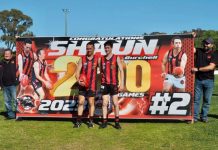 Maldon legend Shaun Burchell celebrates 200 game milestone Shaun Burchell and son Ryan are proudly pictured with Shaun's 200 game milestone banner.