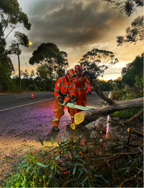 Castlemaine SES members Carmen Pace and Gordon Brown clearing a road on January 2.