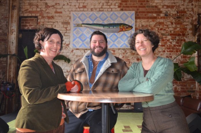 Local artists Lisa Major (Subgreen Gallery), Loudon Cooper (Terra Ceramics) and Bridget Farmer (Printmaker and Illustrator) look forward to leading the 'Creative Business in Practice' panel at Shedshaker Brewing as part of this Friday's Micro and Small Business Expo in Castlemaine. Photo: Lisa Dennis