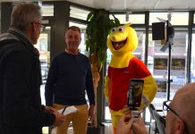 RTM celebrates its sponsors Run The Maine race director Gavin Krasner interviews longtime event sponsor Brett Fitzpatrick of Castlemaine Property Group (CPG) about their reasons for supporting the annual event as RTM mascot 'The Bird' aka Dr Richard Mayes watches on, and videographer Ben Harding of RTM partners Storyland captures the moment for the RTM socials.