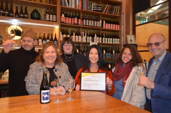 Boomtown Winery & Bistro owner Tim Sproal, Midland Express/Castlemaine Mail advertising manager Lynda Brew, Community Bank Maldon & District Community Partnerships Lead Sophie Guerin, 2023 category winner and Big 4 Castlemaine Gardens Holiday Park owner Claire Height, Mount Alexander Shire Council Tourism, Marketing and Development Officer Jessica McNamara and Economic Development Coordinator Daniel Bone encourage local businesses to nominate for this year's awards.