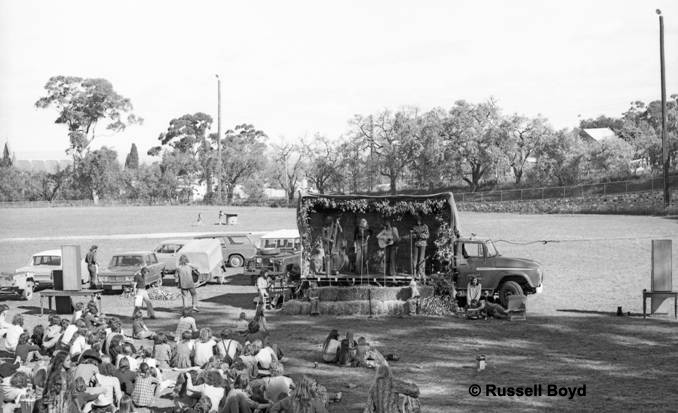 The first Maldon Folk Festival stage on the footy oval in 1974.