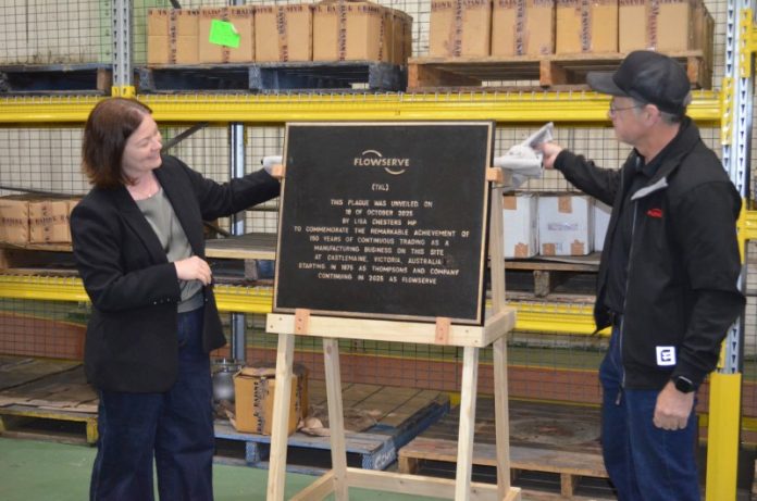 Bendigo Federal MP Lisa Chesters and Flowserve's David Lawrence unveil the 150th anniversary plaque. Photos: Lisa Dennis and Lynda Brew.