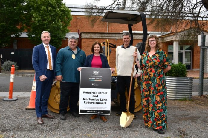 MASC Acting CEO Michael Annear, DJARRA representative Jason Kerr, Bendigo Federal MP Lisa Chesters, Deputy Mayor Toby Heydon and Mayor Rosie Annear are ready to break ground on the Frederick Street project.