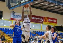 Cannons go into battle against the Braves Cannon Ray Turner slam dunks a shot against the Braves at Red Energy Arena on Saturday night. Photo: Peter Banko.