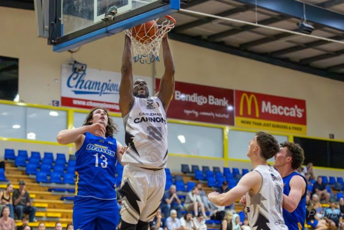 Cannon Ray Turner slam dunks a shot against the Braves at Red Energy Arena on Saturday night. Photo: Peter Banko.