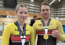 State track championship success Hope Harnetty and Jade Maddern are pictured with their gold medals.