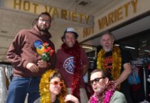 Join the New Year’s Eve party! Luqman (DJ), Chris Donnelly (LGA SNAGz), Adam Perrett (Shedshaker Taproom), Jen Moore (DJ) and Tim Sproul (Boomtown) outside Castlemaine's 'Hot Variety' which inspired the name for the annual musical extravaganza.