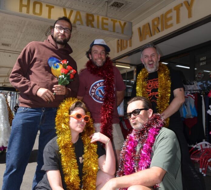 Luqman (DJ), Chris Donnelly (LGA SNAGz), Adam Perrett (Shedshaker Taproom), Jen Moore (DJ) and Tim Sproul (Boomtown) outside Castlemaine's 'Hot Variety' which inspired the name for the annual musical extravaganza.