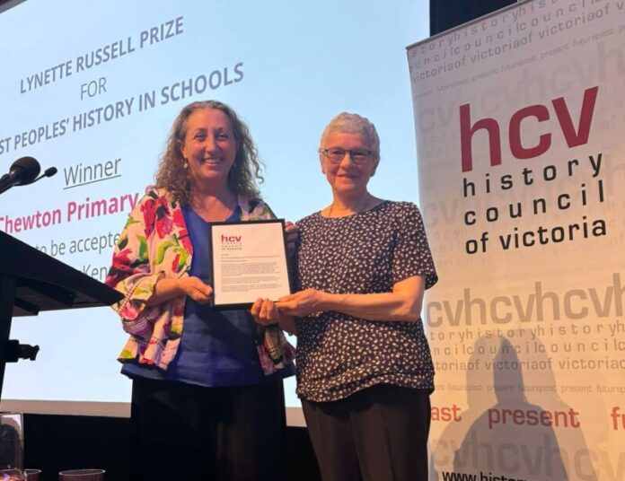 Chewton Primary School Principal Bernadette McKenna was presented with the award at the History Council of Victoria Annual Lecture at the State Library.