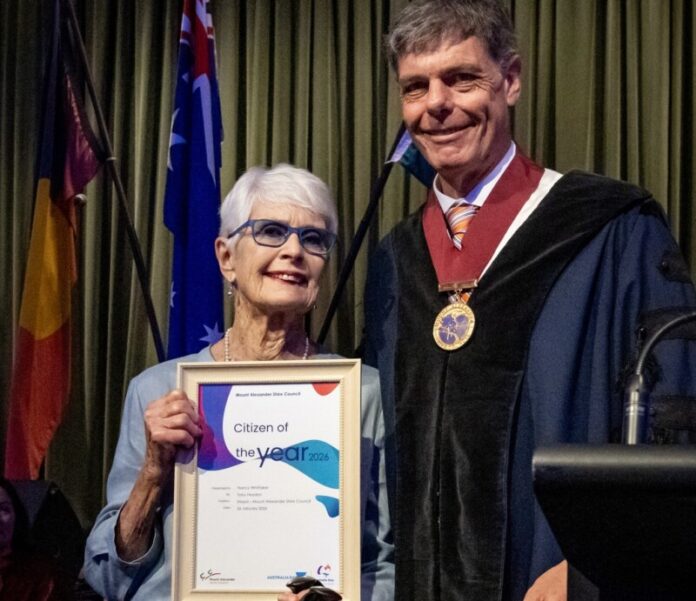 Maldon resident Nancy Whittaker was awarded the 2026 Citizen of the Year by Mayor Toby Heydon. Photo: Diana Domonkos.