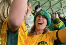 Watch the Matildas under the stars this Sunday Castlemaine Goldfields FC Matildas fans Orlo and Kaso celebrating a goal during the 2023 Women's World Cup.