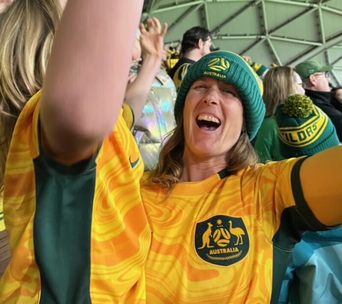 Castlemaine Goldfields FC Matildas fans Orlo and Kaso celebrating a goal during the 2023 Women's World Cup.
