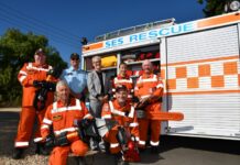 Christmas came early for Castlemaine SES L-R: (back) Craig, Adam, Bendigo West MP Maree Edwards, Kelly and Bob, (front) Hugh and Daniel.