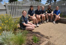 Sensory Garden installed Olive, Ari, Elsa, Winnie, teacher Daniel O'Halloran and Molly are pictured in the newly planted Native Sensory Garden.