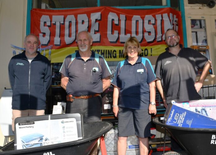 Castlemaine Home Timber & Hardware owners Brian and Ann Coffey (centre) are pictured with team members Gavin Roberts and Luke Fox outside the iconic store at 185-187 Barker Street. Absent: Longest serving staff members Troy Hatfield and Donna Stratton. Photo: Jade Jungwirth.