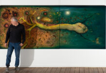 Daylight in the Daydream, 2025, Indian ink and oil on cotton duck, 150 x 370 cm. Photo: Ian Hill.