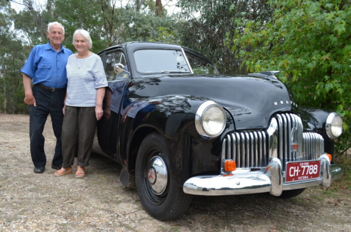 Longtime Castlemaine Historic Vehicle Club members Keith and Joy White are looking forward to the 50th anniversary celebraions and are pictured with their beloved 1953 FX Holden. Photo: Lisa Dennis.