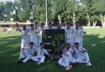 Champions crowned in CDCA Barkers Creek's A Grade side celebrate their win at Camp Reserve. Photo: Max Lesser