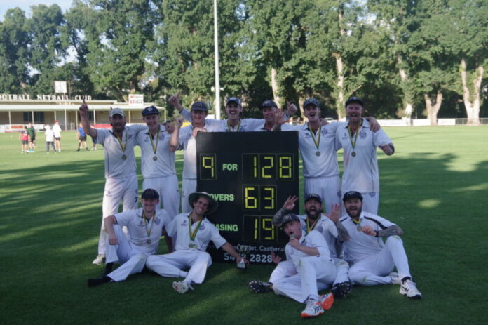 Barkers Creek's A Grade side celebrate their win at Camp Reserve. Photo: Max Lesser